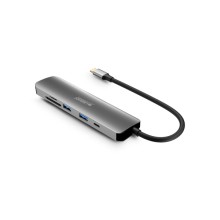 Hubee 6 em 1 da Urban Factory - USB-C Macho - USB-A/HDMI/USB-C/SD/MSD Fêmea - 100W PD - Cor Cinza Metálico